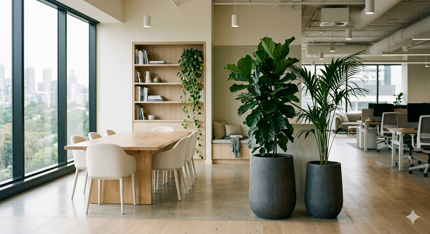A plant-filled Melbourne workplace with leafy greenery softening the space